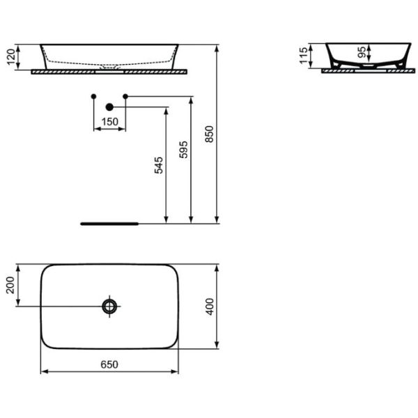 IPALYSS Umývadlo na dosku 65x40 cm bez prepadu, bez otvoru pre batériu, E1886MA