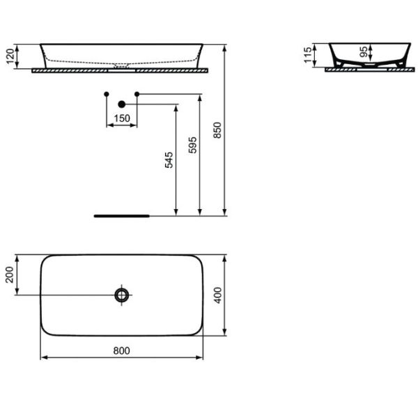 IPALYSS Umývadlo na dosku 80x40 cm bez prepadu, bez otvoru pre batériu, E1391MA
