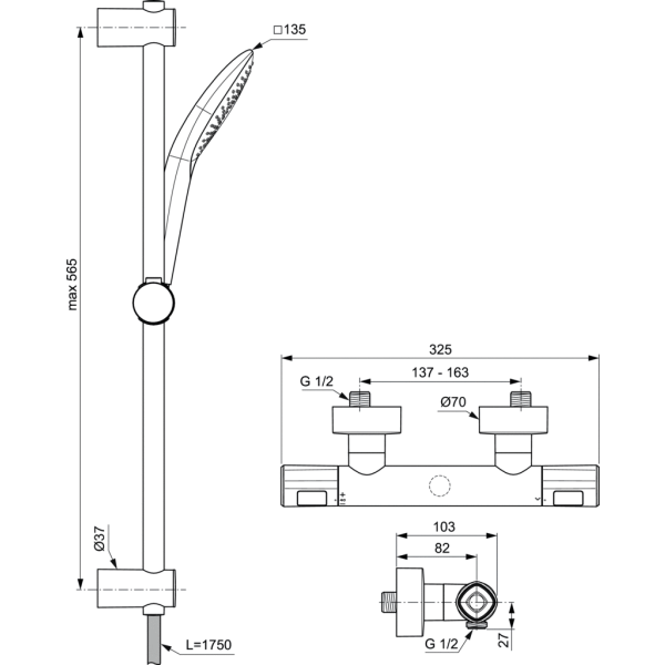 CERATHERM T100 Sprchová nástenná termostatická batéria, so sprcovou kombináciou tyč 60 cm, A7234AA