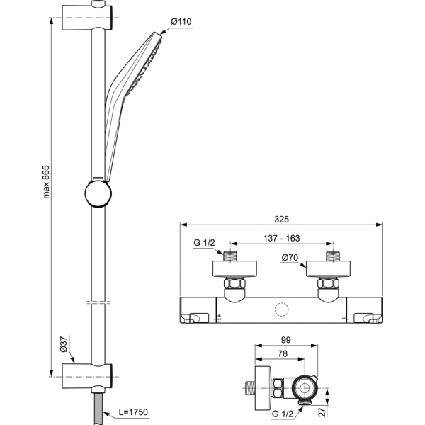 CERATHERM T50 Sprchová nástenná termostatická batéria, so sprcovou kombináciou tyč 90 cm, A7218AA
