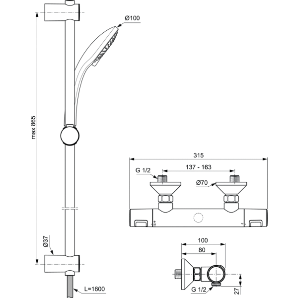 CERATHERM T25 Sprchová nástenná termostatická batéria, so sprchovou kombináciou tyč 90 cm, A7204AA