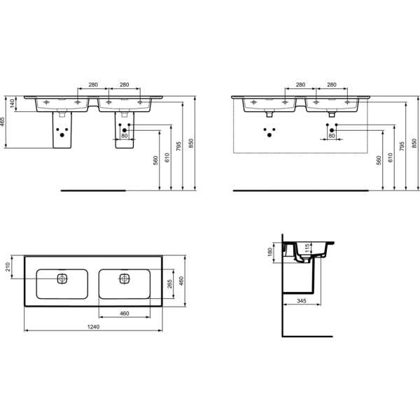 STRADA II Dvojumývadlo bez otvoru pre batériu 124x46 cm, T363601