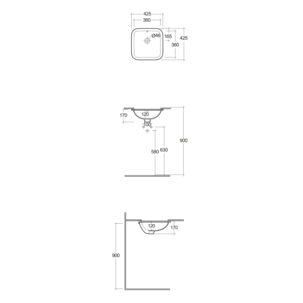 VARIANT Umývadlo pod dosku štvorcové 41x41 cm, VARUC43600AWHA