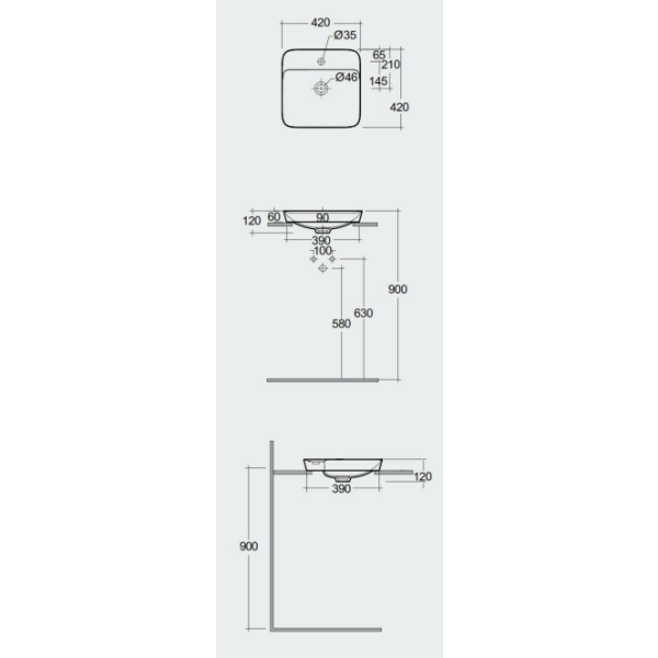 VARIANT Umývadlo zápustné štvorcové 42x42 cm, VARDI44201AWHA