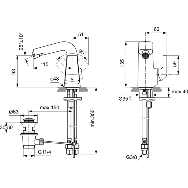 JES Bidetová batéria s odpadovou garnitúrou a flexibilnými hadicami, H4494AA