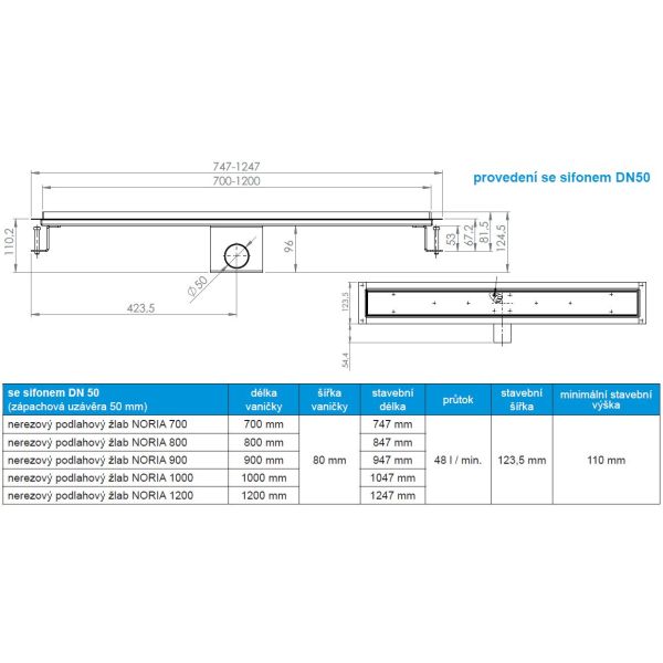 NORIA Žľab celonerezový 120 cm, DN50, NORCP1200DN50