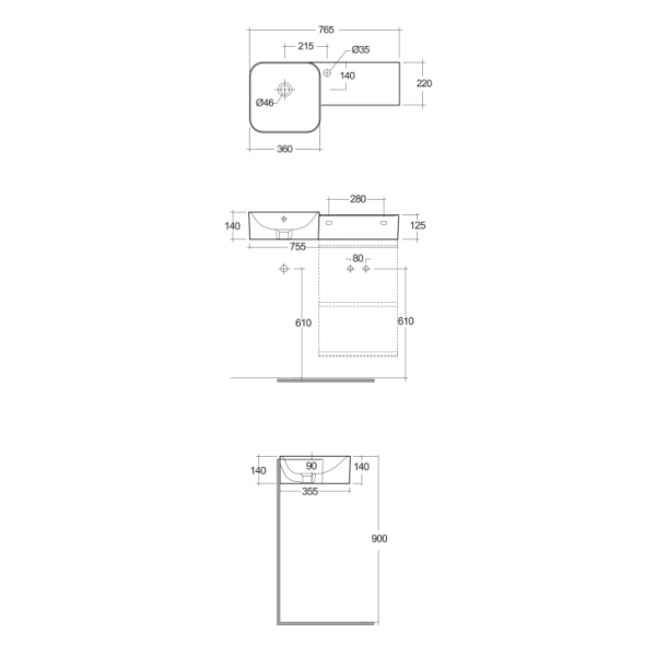RAK PETIT Umývadlo s odkladacou plochou vpravo 36x36x76,5 cm, s otvorom pre batériu, PETWB47701AWHA