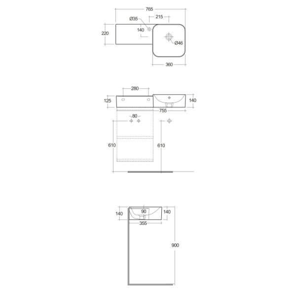RAK PETIT Umývadlo s odkladacou plochou vľavo 36x36x76,5 cm, s otvorom pre batériu, PETWB37701AWHA