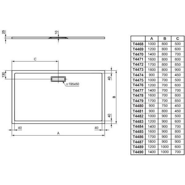 Sprchová vanička akrylátová - obdlžnik- 170x90 cm - matná biela -  T4486V1