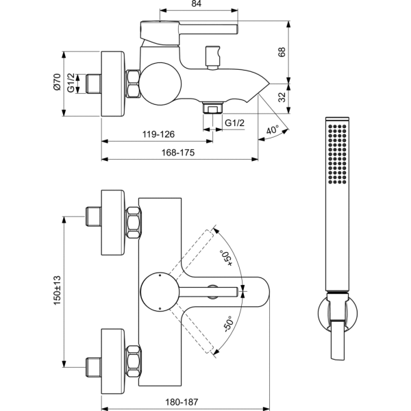CERALINE Vaňová batéria nástenná so sprchovacím príslušenstvom, BC270XG