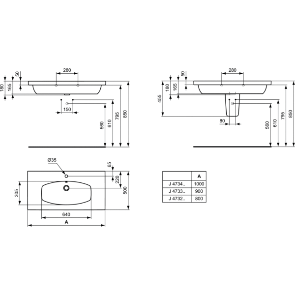 MIA Umývadlo nábytkové 100x50 cm, J4734 + MIA Polostĺp, J4370