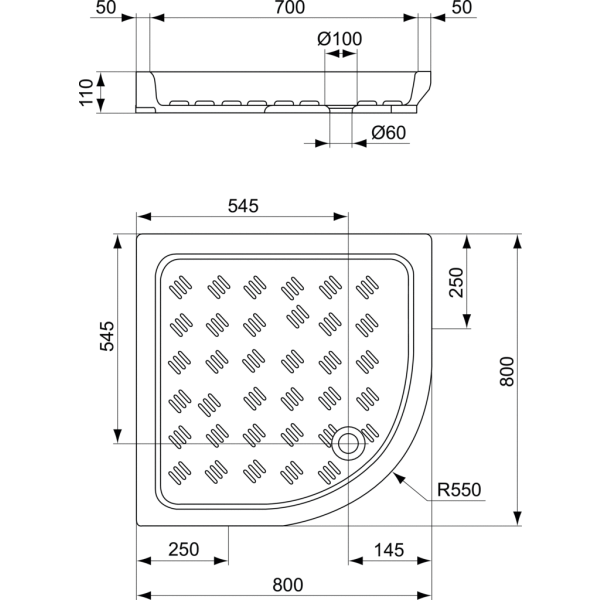 Sprchová vanička keramická, štvrťkruh 80x80 cm, T117601