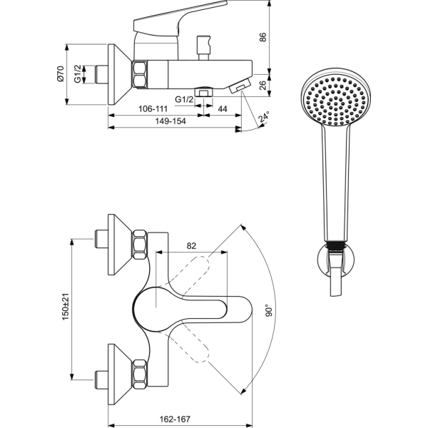 SLIMLINE II Vaňová batéria nástenná, so sprchovým príslušenstvom, B8588AA