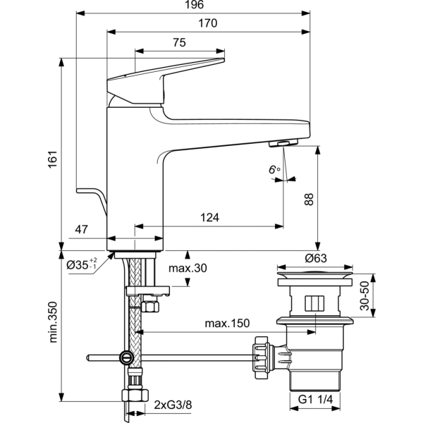 CERAPLAN Umývadlová batéria GRANDE s plastovou odpadovou garnitúrou a flexibilnými hadicami, 5 l/min, BD225AA