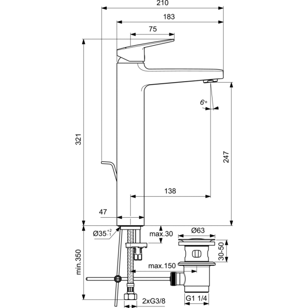 CERAPLAN Umývadlová  batéria s vysokým vývodom s kovovou odpadovou garnitúrou a flexibilnými hadicami, 5 l/min, BD238AA