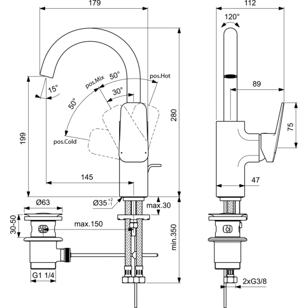 CERAPLAN Umývadlová  batéria s otočným výtokom s kovovou odpadovou garnitúrou a flexibilnými hadicami, 5 l/min, BD235AA