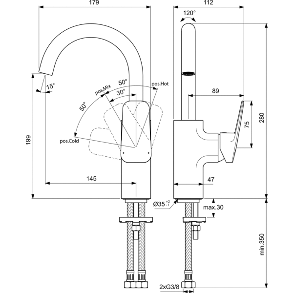 CERAPLAN Umývadlová  batéria s otočným výtokom bez odpadovej garnitúry a flexibilnými hadicami, 5 l/min, BD234AA