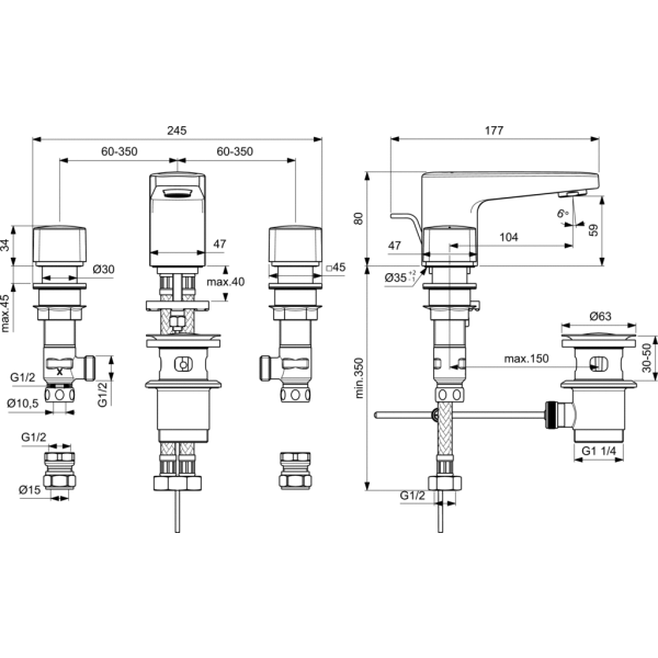 CERAPLAN Umývadlová batéria 3-otvorová s odpadovou garnitúrou a flexibilnými hadicami, BD243AA
