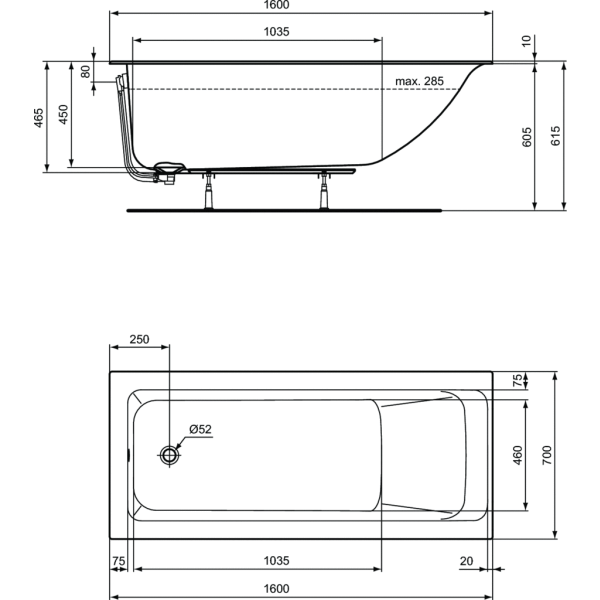 CONNECT AIR Vaňa akrylátová s tenkým okrajom 160x70 cm, R029401