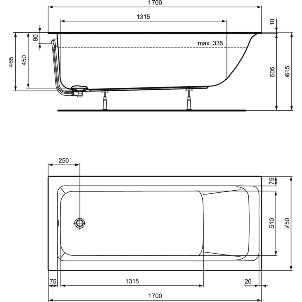 CONNECT AIR Vaňa akrylátová s tenkým okrajom 170x75 cm, R029501