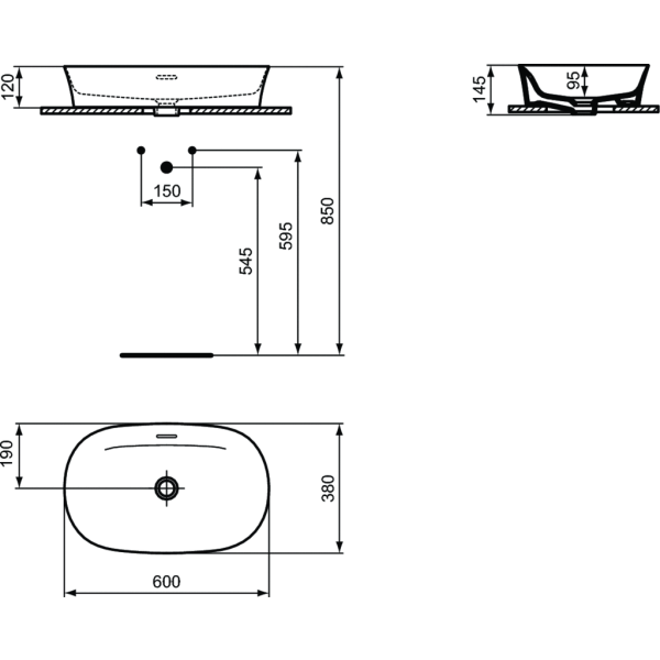 IPALYSS Umývadlo na dosku ovál 60x38 cm s prepadovým otvorom, bez otvoru pre batériu, E1397MA