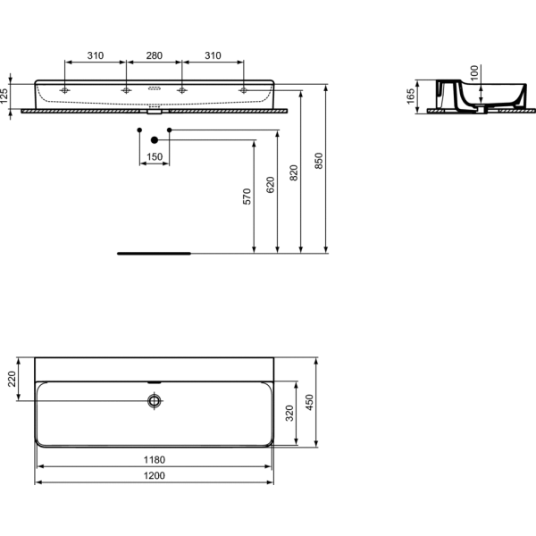 CONCA Umývadlo 120x45 cm, bez otvoru pre batériu, farba biela lesklá s IdealPlus úpravou povrchu, T3805MA