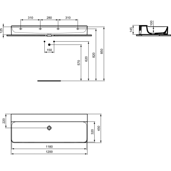 CONCA Umývadlo 120x45 cm, bez otvoru pre batériu, farba biela lesklá s IdealPlus úpravou povrchu, bez prepadového otvoru,T3809MA