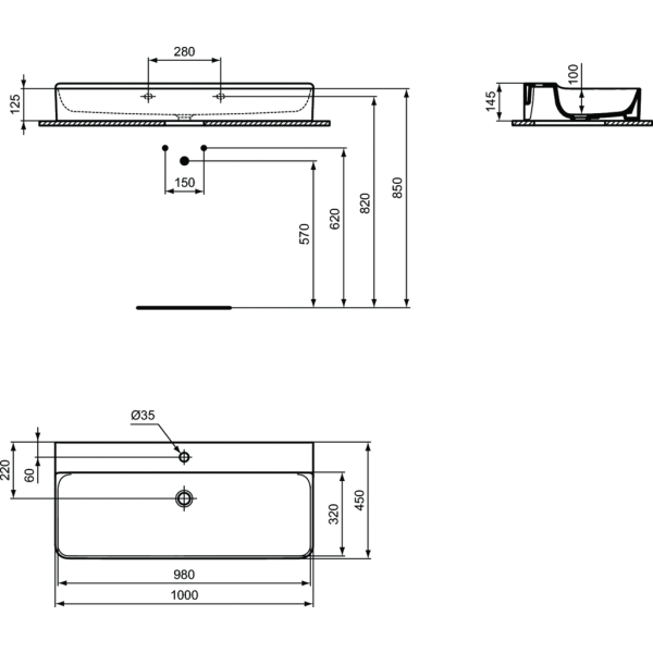 CONCA Umývadlo 100x45 cm, s otvorom pre batériu, farba biela lesklá s IdealPlus úpravou povrchu, bez prepadového otvoru, T3800MA