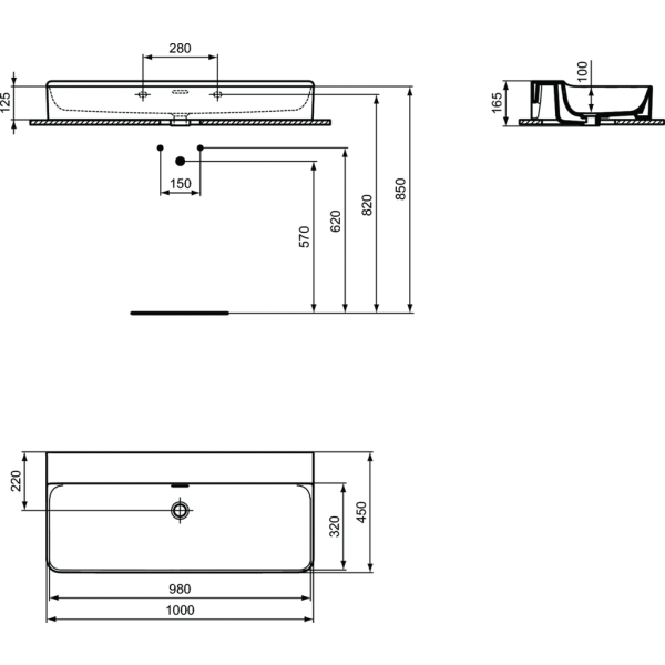 CONCA Umývadlo 100x45 cm, bez otvoru pre batériu, farba biela lesklá, s prepadovým otvorom, T379901