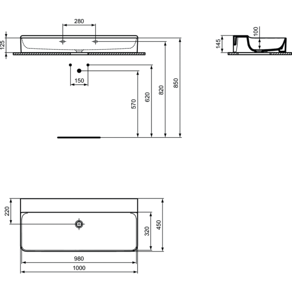 CONCA Umývadlo 100x45cm, bez otvoru pre batériu, farba biela lesklá s IdealPlus úpravou povrchu, bez prepadového otvoru, T3802MA