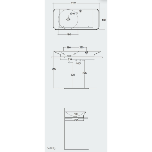 RAK VALET Umývadlo 112x50,5 cm, s odkladacou plochou vpravo,  VALWB11201.500