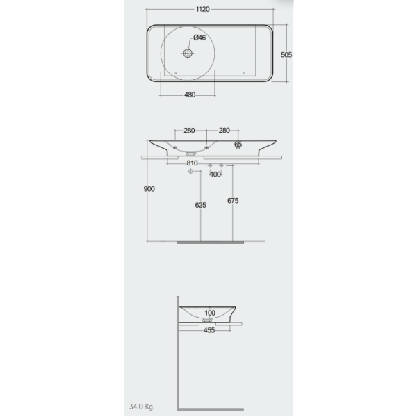 RAK VALET Umývadlo 112x50,5 cm, s odkladacou plochou vpravo,  VALWB11200AWHA