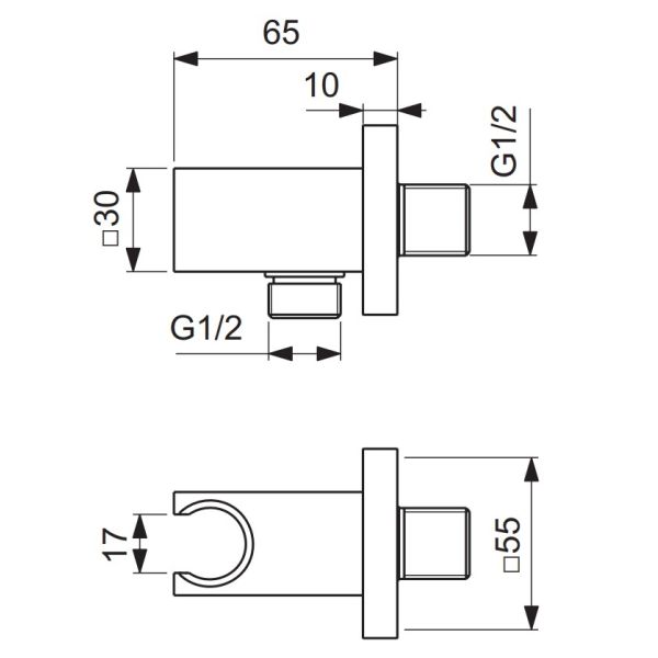 IDEAL RAIN Diel pre pripojenie sprchy, štvorcový, integrovaný pevný držiak, BC771A5