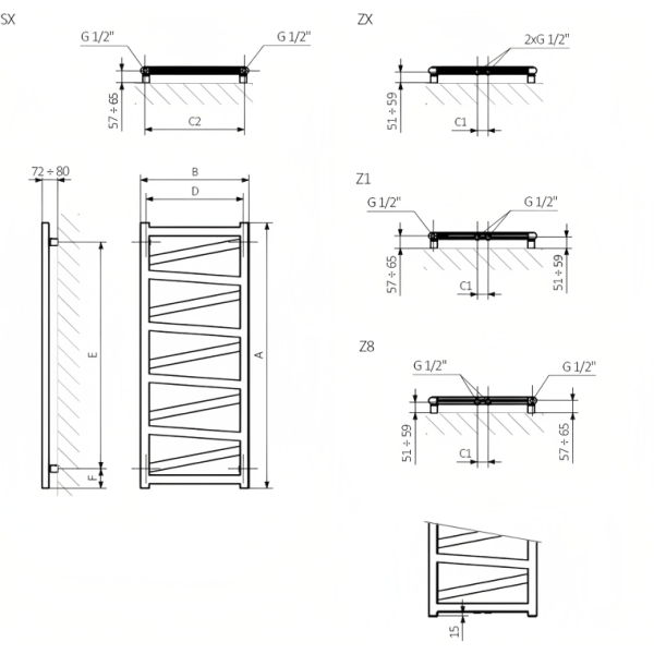 TERMA VIPERA radiátor 40x75 cm, vonkajšie pripojenie 360 mm, VIP4075