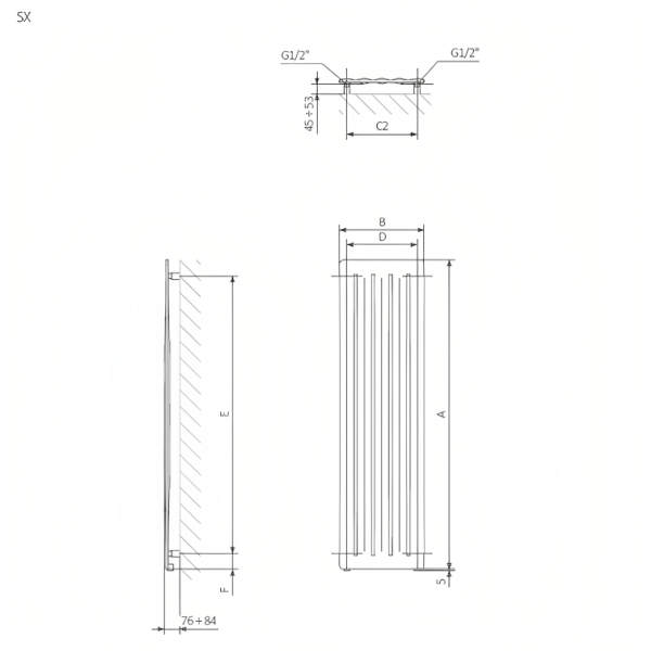TERMA AERO V radiátor 41x120 cm, vonkajšie pripojenie 340 mm, AER41120
