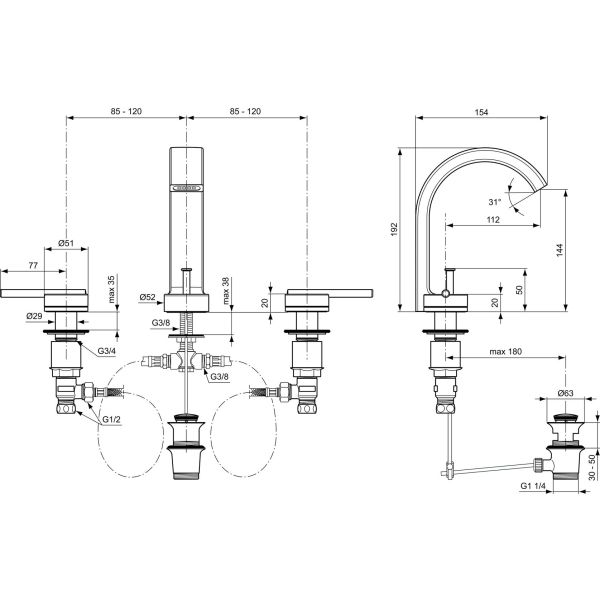 JADO GLANCE Umývadlová batérie 3-otvorová s odpadovou garnitúrou, H2088AA