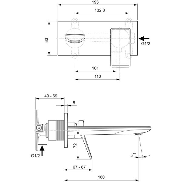 CONCA umývadlová batéria nástenná, Magnatická sivá, výtok 18 cm, diel 2, A7371A5