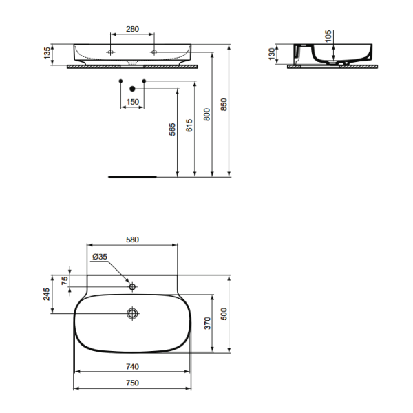 LINDA-X Umývadlo nástenné75x50 cm, T439601