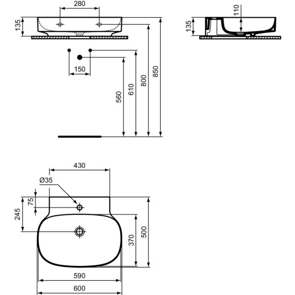 LINDA-X Umývadlo nástenné 60x50 cm, glazovaná spodná hrana, farba biela matná T4393V1