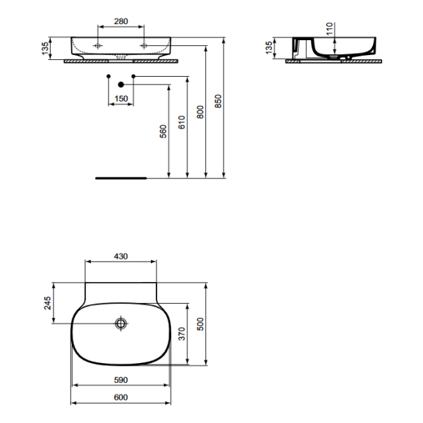 LINDA-X Umývadlo nástenné 60x50 cm, bez otvoru pre batériu, T439501