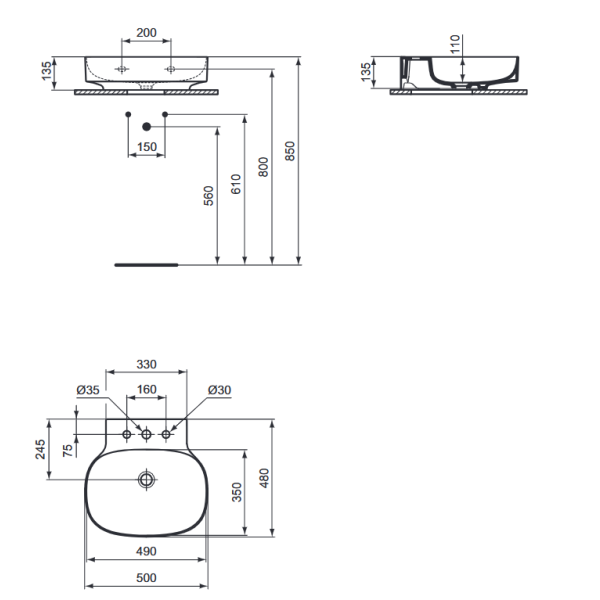 LINDA-X Umývadlo nástenné 50x48 cm, s 3 otvormi pre batériu, T439101