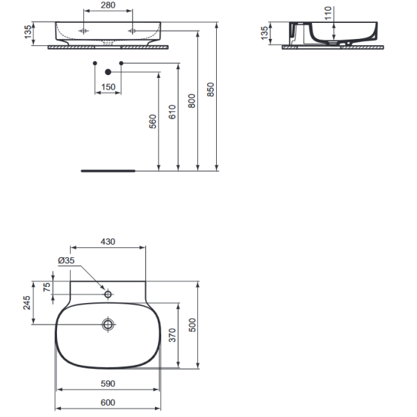 LINDA-X Umývadlo nástenné 60x50 cm, brúsená spodná hrana, farba biela matná, T4988V1