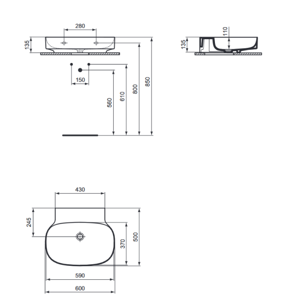 LINDA-X Umývadlo nástenné 60x50 cm, bez otvoru pre batériu, bez prepadu,T499001