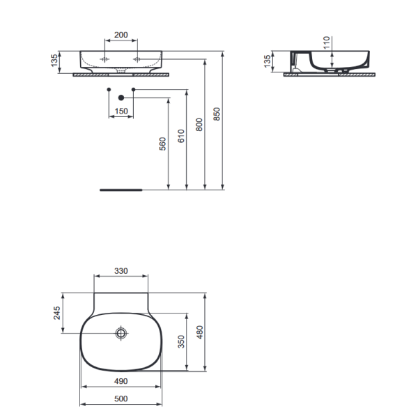 LINDA-X Umývadlo nástenné 50x48 cm, bez otvoru pre batériu, bez prepadu,T498701