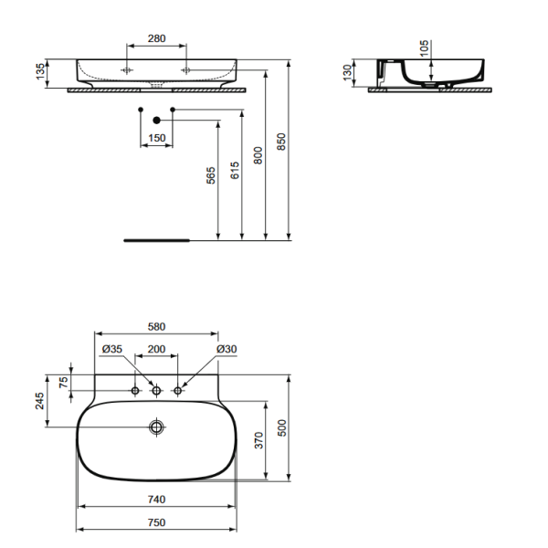 LINDA-X Umývadlo nástenné 75x50 cm, s 3 otvormi pre batériu, T499201