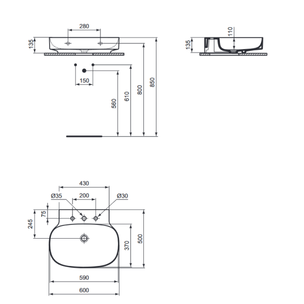 LINDA-X Umývadlo nástenné 60x50 cm, s 3 otvormi pre batériu, T498901