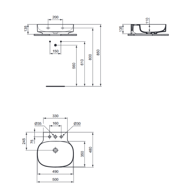 LINDA-X Umývadlo nástenné 50x48 cm, s 3 otvormi pre batériu, T498601