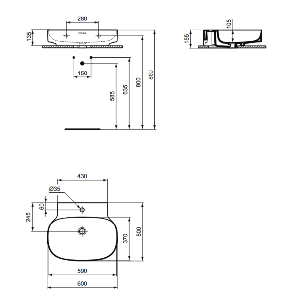 LINDA-X Umývadlo nástenné 60x50 cm,  farba biela matná,T4983V1
