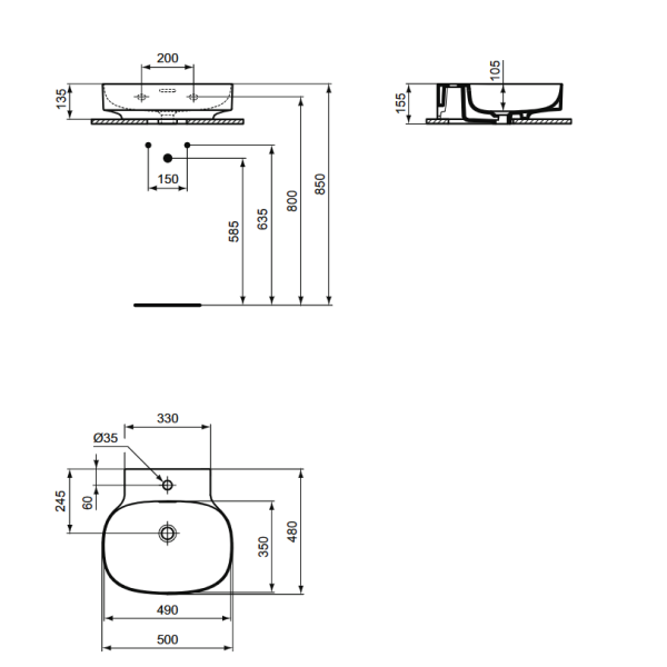 LINDA-X Umývadlo nástenné 50x48 cm, farba biela matná,T4753V1