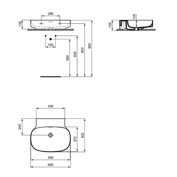 LINDA-X Umývadlo nástenné 60x50 cm, T498401